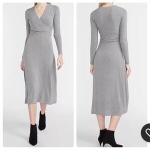 Express Long Sleeve Cross Front Knit Midi Dress - Gray Size S